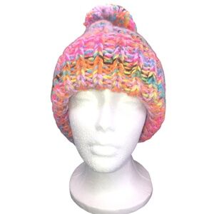 Pink Rainbow Bright Multi Color Double Strand Chunky Beanie with Pom Pom